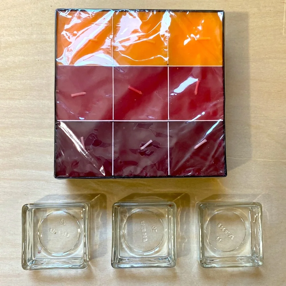 IKEA🍁CANDLES SQUARE 9 pack W/ 3 GLASS SQUARE BASES